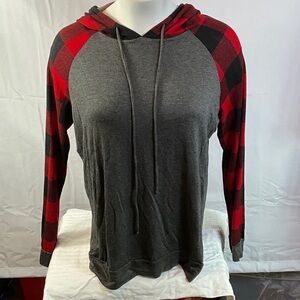 Eighty Eight Gray Hooded Long Sleeve Shirt with Red Plaid Accents Size 1X